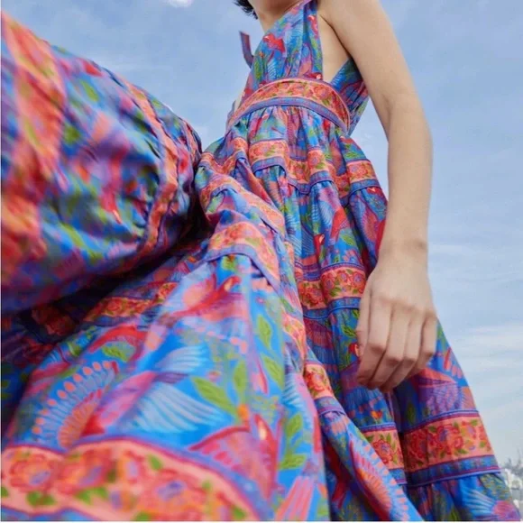 Farm Rio Size Small Blue Macaw Flight Midi Dress Tiered Size Medium NWT - Picture 5 of 16